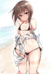  alternate_costume beach bikini black_bikini blurry blush breasts brown_eyes brown_hair closed_mouth commentary_request contemporary depth_of_field embarrassed eyebrows_visible_through_hair hair_between_eyes highres kantai_collection looking_at_viewer looking_down micro_bikini ocean shirt short_hair_with_long_locks signature small_breasts solo swimsuit taihou_(kantai_collection) thick_thighs thighs twitter_username white_shirt wide_hips yukishiro_arute 