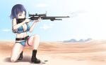  aiming backpack bag bangs bare_legs bare_shoulders bikini bipod black_footwear blue_bikini blue_sky bolt_action boots breasts cleavage closed_mouth cloud commentary cross-laced_footwear day desert eyebrows_visible_through_hair gun holding holding_gun holding_weapon lace-up_boots large_breasts m24 mountain navel nijisanji one_eye_closed one_knee outdoors playerunknown's_battlegrounds purple_hair rifle scope shell_casing shirihime shizuka_rin short_hair sky sniper_rifle solo swimsuit virtual_youtuber weapon yellow_eyes 