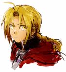  antenna_hair blonde_hair braid close-up coat commentary_request edward_elric expressionless eyebrows_visible_through_hair fullmetal_alchemist looking_away male_focus red_coat simple_background solo tsukuda0310 upper_body white_background yellow_eyes 