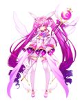  aisha_(elsword) ankle_wings back_bow boots bow closed_mouth curly_hair dress elbow_gloves elsword full_body gloves hair_ornament highres holding holding_staff long_hair looking_at_viewer magical_girl magonuri metamorphy_(elsword) purple_bow purple_eyes purple_hair sidelocks simple_background smile solo staff standing star star-shaped_pupils symbol-shaped_pupils thigh_boots thighhighs twintails v white_background white_bow white_footwear white_gloves white_wings wings zettai_ryouiki 