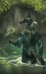  2018 anthro black_nose blue_eyes butt_pose canine digital_media_(artwork) dog green_theme magic_user male mammal nude partially_submerged shwonky solo standing water 