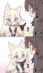  2koma :d animal_ears babydoll black_gloves blade_(galaxist) blonde_hair blue_eyes blush brown_eyes brown_hair cat_ears closed_mouth comic commentary_request finger_gun g41_(girls_frontline) girls_frontline gloves hair_ornament half_gloves halftone halftone_background heterochromia long_hair low-tied_long_hair multiple_girls open_mouth qbz-97_(girls_frontline) red_eyes smile v_arms very_long_hair white_babydoll 