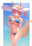  animal_ear_fluff animal_ears bikini bikini_pull blue_bikini blush bow bracelet breasts cleavage collarbone fate/grand_order fate_(series) fox_ears fox_tail hat hat_bow highres jewelry large_breasts navel otsukemono pink_hair side-tie_bikini smile solo stomach swimsuit tail tamamo_(fate)_(all) tamamo_no_mae_(swimsuit_lancer)_(fate) underboob water yellow_eyes 