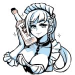  akairiot alcohol azur_lane belfast_(azur_lane) bottle bottle_to_cheek braid breasts chain choker cleavage french_braid frilled_sleeves frills large_breasts long_hair maid_headdress monochrome smile solo sparkle spot_color whiskey 