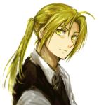  blonde_hair edward_elric expressionless fullmetal_alchemist looking_away male_focus older ponytail shirt simple_background solo tsukuda0310 upper_body waistcoat white_background white_shirt yellow_eyes 