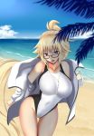  :o absurdres beach bespectacled black-framed_eyewear blonde_hair blue_eyes blush breasts commentary_request competition_swimsuit covered_navel day fate/grand_order fate_(series) glasses highres huge_breasts jacket jeanne_d'arc_(fate)_(all) jeanne_d'arc_(swimsuit_archer) long_hair looking_at_viewer nemurinemuri ocean one-piece_swimsuit open_clothes open_jacket palm_tree ponytail rectangular_eyewear removing_jacket solo swimsuit swimsuit_under_clothes track_jacket tree very_long_hair whistle whistle_around_neck white_jacket white_swimsuit 