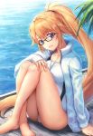 bespectacled black-framed_eyewear blonde_hair blue_eyes commentary_request competition_swimsuit fate/grand_order fate_(series) glasses jacket jeanne_d'arc_(fate)_(all) jeanne_d'arc_(swimsuit_archer) long_hair ocean one-piece_swimsuit open_clothes open_jacket palm_tree ponytail rectangular_eyewear sitting solo swimsuit swimsuit_under_clothes track_jacket tree very_long_hair whistle whistle_around_neck white_jacket white_swimsuit yan_h_chau 