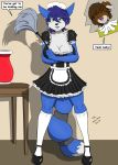  2018 anthro big_breasts blue_hair breasts brown_hair canine cleavage clothed clothing crossed_arms dialogue dipstick_ears dipstick_tail dog duo eyes_closed feather_duster female footwear fox fur green_eyes hair hi_res holding_object krystal legwear maid_uniform male mammal multicolored_fur multicolored_tail nintendo open_mouth sailoranna shoes solo_focus standing star_fox stockings table two_tone_fur uniform vase video_games 