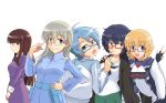  adele_balfetto aoi_(houkago_no_pleiades) bangs blonde_hair blue_eyes blue_hair breasts commentary_request eila_ilmatar_juutilainen eyebrows_visible_through_hair girls_und_panzer glasses hair_between_eyes houkago_no_pleiades isosceles_triangle_(xyzxyzxyz) kyoukaisenjou_no_horizon long_hair messy_hair military military_uniform multiple_girls ooarai_school_uniform oohashi_ayuru open_mouth oryou_(girls_und_panzer) saki sawamura_tomoki school_uniform seiyuu_connection serafuku short_hair smile star strike_witches uniform world_witches_series 