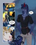  2018 anthro arm_around_shoulders black_fur black_hair black_spots blonde_hair blue_eyes ciel_(cinderfrost) cinderfrost clothed clothing comic demicoeur detailed_background dialogue digital_media_(artwork) duo english_text equine fur hair hand_on_shoulder hi_res highlights horn lagomorph male mammal markings open_mouth outside rabbit red_eyes red_markings scarf shirt shorts smile solo speech_bubble spots standing t-shirt tank_top teeth text unicorn white_fur white_highlights 