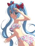  arm_up armpits ass bangs bikini blue_eyes blue_hair blush bow breasts closed_mouth domo1220 eyebrows_visible_through_hair fingernails floral_print hair_between_eyes hair_bow hatsune_miku long_hair print_bikini red_bow side-tie_bikini simple_background small_breasts smile solo swimsuit twintails very_long_hair vocaloid white_background white_bikini 