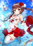 ahoge azur_lane blush breasts bridal_veil brown_hair chinese_clothes cleavage cloud commentary_request day flower flying gijang hair_flower hair_ornament leg_up long_hair looking_at_viewer panda petals ping_hai_(azur_lane) sideboob sky small_breasts solo thighhighs twintails veil water 