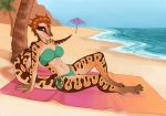  2018 anthro beach bikini breasts brown_hair clothed clothing day demicoeur detailed_background digital_media_(artwork) female hair looking_at_viewer midriff navel outside palm_tree reptile sand scalie seaside sky smile snake solo swimsuit towel tree yellow_eyes 