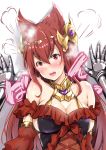  absurdres against_wall animal_ears anthuria bangs bare_shoulders blush breasts cleavage detached_sleeves dress erune eyebrows_visible_through_hair granblue_fantasy hair_between_eyes hair_ornament highres kimura_neito large_breasts lips long_hair looking_at_viewer open_mouth out_of_frame pov pov_hands red_dress red_eyes red_hair solo_focus steam sweat upper_body upper_teeth wall_slam 