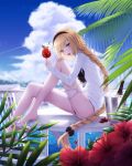  absurdres bangs bikini bikini_under_clothes black_bikini blonde_hair blue_eyes bottle braid cecil86 cocktail cocktail_glass cup day drinking_glass eyebrows_visible_through_hair fate/grand_order fate_(series) flower food fruit hand_on_own_knee hibiscus highres horizon ice ice_cube jacket jeanne_d'arc_(fate)_(all) jeanne_d'arc_(swimsuit_archer) lime_(fruit) long_hair looking_at_viewer ocean open_clothes open_jacket outdoors sandals single_braid sitting solo strawberry swimsuit thigh_strap very_long_hair wine_bottle 