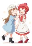  &gt;_&lt; ae-3803 baseball_cap blush boots brown_hair buchi_(y0u0ri_) cheek_poking closed_eyes collared_dress commentary_request dress erythroblast_(hataraku_saibou) hat hataraku_saibou highres holding_hands kindergarten_uniform long_hair multiple_girls platelet_(hataraku_saibou) poking red_hair shirt short_hair short_sleeves t-shirt 