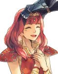  1girl alm_(fire_emblem) anocurry armor cape celica_(fire_emblem) dress earrings fire_emblem fire_emblem_echoes:_mou_hitori_no_eiyuuou fire_emblem_gaiden fire_emblem_heroes gloves jewelry long_hair open_mouth red_eyes red_hair simple_background smile 
