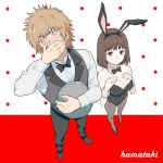  1boy 1girl animal_ears artist_request black_leotard blonde_hair blush bow bowtie breasts brown_eyes brown_hair bunny_ears bunnysuit cleavage fake_animal_ears hamazura_shiage leotard takitsubo_rikou to_aru_majutsu_no_index vest 