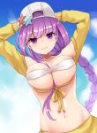  arms_behind_head bandeau bangs bare_shoulders bb_(fate)_(all) bb_(swimsuit_mooncancer)_(fate) between_breasts bikini blush braid breast_lift breasts closed_mouth eyebrows_visible_through_hair fate/grand_order fate_(series) hair_between_breasts hat highres large_breasts long_braid long_hair looking_at_viewer navel oshishio purple_eyes purple_hair shirt single_braid skirt smile solo star swimsuit tied_shirt upper_body very_long_hair white_bikini white_hat yellow_shirt yellow_skirt 