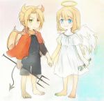 1girl angel_wings annoyed barefoot black_shirt blonde_hair blue_background blue_eyes cape demon_horns demon_tail demon_wings dress edward_elric eyebrows_visible_through_hair frown full_body fullmetal_alchemist gradient gradient_background halo happy holding_hands horns looking_away pink_background polearm puffy_short_sleeves puffy_sleeves red_cape shirt short_hair short_sleeves shorts simple_background smile standing tail toenails trident tsukuda0310 weapon white_background white_dress wings winry_rockbell wrench yellow_eyes younger 