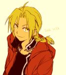  2016 antenna_hair black_shirt blonde_hair braid coat dated edward_elric eyebrows_visible_through_hair fullmetal_alchemist looking_at_viewer looking_up lowres male_focus red_coat shirt simple_background smile solo tsukuda0310 upper_body yellow_eyes 