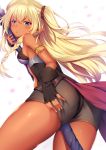 armor ass between_legs bike_shorts bikini_armor black_gloves blonde_hair blue_eyes braid breasts commentary_request dark_skin edelgard fingerless_gloves from_behind gloves hand_on_own_ass highres isekai_maou_to_shoukan_shoujo_dorei_majutsu leaning_forward long_hair looking_back momo_no_kanzume pointy_ears polearm see-through shorts sideboob small_breasts solo two_side_up waist_cape weapon 