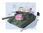  ahoge ak-12_(girls_frontline) an-94_(girls_frontline) anger_vein chibi commentary commentary_request girls_frontline green_eyes ground_vehicle gun heart long_hair military military_vehicle motor_vehicle multiple_girls open_mouth pink_eyes pink_hair purple_hair sima_naoteng simple_background smile spoken_heart st_ar-15_(girls_frontline) t-64 tank weapon white_background white_hair 