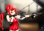  absurdres aiming alicks artist_name axe bangs commentary cz-75 cz-75_(girls_frontline) english_commentary fingerless_gloves firearm girls_frontline gloves gun hair_ornament hairclip handgun highres long_hair looking_to_the_side namesake pistol red_eyes red_hair scope shirt shoulder_pads solo stairs twintails weapon 