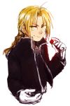  antenna_hair black_jacket black_shirt blonde_hair blurry braid depth_of_field edward_elric eyebrows_visible_through_hair fullmetal_alchemist gloves holding jacket long_hair long_sleeves looking_at_viewer male_focus shirt simple_background smile solo tsukuda0310 upper_body white_background white_gloves yellow_eyes 