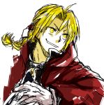  antenna_hair blonde_hair braid coat commentary_request edward_elric eyebrows_visible_through_hair floating_hair fullmetal_alchemist gloves grin looking_away male_focus simple_background smile solo tsukuda0310 upper_body white_background yellow_eyes 
