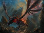  2018 ambiguous_gender detailed_background digital_media_(artwork) dragon feral flying hydlunn outside red_eyes solo wings 