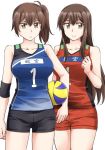  2girls akagi_(kantai_collection) brown_eyes brown_hair elbow_pads gym_shorts gym_uniform kaga_(kantai_collection) kantai_collection long_hair multiple_girls red_shirt red_shorts shirt short_shorts shorts side_ponytail sleeveless sleeveless_shirt sportswear straight_hair volleyball volleyball_uniform yukiharu 