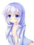  :o absurdres bad_revision bangs blue_eyes blue_hair blue_jacket blush breasts cleavage collarbone commentary_request downscaled_revision eyebrows_visible_through_hair gochuumon_wa_usagi_desu_ka? hair_between_eyes hair_ornament hair_over_breasts highres hood hooded_jacket jacket kafuu_chino kedama_(kedama_akaza) long_hair looking_at_viewer low_twintails md5_mismatch open_clothes open_jacket parted_lips simple_background small_breasts solo twintails white_background x_hair_ornament 