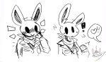  &lt;3 2_panel_comic ambiguous_gender black_eyes blush clothing colorless flattered fur halvid9508 jacket lagomorph line_art mammal offscreen rabbit right_to_left signature simple_background smile standing tradigital trash_bunny vicious_emulsion white_fur 