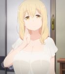  blonde_hair hands_on_own_cheeks hands_on_own_face highres long_hair nightgown screencap stitched sunohara_ayaka sunoharasou_no_kanrinin-san third-party_edit yellow_eyes 