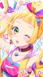  ;o aikatsu!_(series) aikatsu_friends! anoa arm_up armpits bandeau bangs black_choker blonde_hair blush breasts chain_necklace chestnut_mouth choker chromatic_aberration commentary_request detached_sleeves diagonal_stripes green_eyes hair_ornament hair_ribbon hinata_ema_(aikatsu_friends!) long_hair multicolored multicolored_background multicolored_ribbon one_eye_closed open_clothes open_mouth open_vest ribbon round_teeth single_detached_sleeve small_breasts solo speech_bubble star star_hair_ornament striped teeth translation_request triangle_earrings twintails upper_body upper_teeth vest yellow_vest 