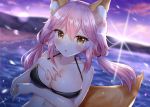  :o animal_ear_fluff animal_ears arm_under_breasts backlighting bangs bare_arms bare_shoulders beach bikini bikini_top black_bikini blurry blurry_background blush breast_hold breasts brown_eyes cleavage cloud collarbone commentary_request dutch_angle fate/grand_order fate_(series) fox_ears fox_girl fox_tail hair_between_eyes hair_tie halterneck hand_on_own_chest hand_up horizon large_breasts lens_flare long_hair low_twintails naomi_(fantasia) navel ocean open_mouth outdoors petals pink_hair shiny shiny_hair sidelocks sky solo sparkle sun sunlight swimsuit tail tamamo_(fate)_(all) tamamo_no_mae_(swimsuit_lancer)_(fate) twintails water 