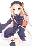  abigail_williams_(fate/grand_order) asymmetrical_legwear bangs black_bow black_dress black_hairband black_hat black_legwear blonde_hair blue_eyes blush bow bug butterfly butterfly_hair_ornament closed_mouth commentary_request detached_sleeves dress eyebrows_visible_through_hair fate/grand_order fate_(series) forehead frilled_dress frilled_hairband frilled_shirt_collar frills gradient gradient_background grey_background hair_ornament hairband hat head_tilt highres insect juliet_sleeves long_hair long_sleeves meuneyu object_hug orange_bow parted_bangs puffy_sleeves ribbon-trimmed_sleeves ribbon_trim single_thighhigh sleeves_past_fingers sleeves_past_wrists smile solo stuffed_animal stuffed_toy teddy_bear thighhighs very_long_hair white_background 