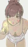  bare_shoulders breasts brown_eyes brown_hair cowboy_shot d.va_(overwatch) downblouse facial_mark highres houkagi_yuu leaning_forward lips looking_at_viewer medium_breasts navel no_bra overwatch panties parted_lips pointing power_symbol simple_background solo tank_top tied_hair underwear white_background white_panties 