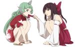  bangs bare_shoulders biting bow brown_eyes brown_hair cloud_print collared_shirt curly_hair detached_sleeves eyebrows_visible_through_hair frilled_hair_tubes frills green_eyes green_hair hair_bow hair_tubes hair_tubes_removed hakurei_reimu horn kariyushi_shirt komano_aun leon_(mikiri_hassha) long_hair looking_at_another looking_at_viewer mouth_hold multiple_girls nontraditional_miko red_bow red_skirt sandals shirt short_sleeves simple_background skirt sleeveless sleeveless_shirt squatting sweatdrop touhou triangle_mouth tsurime white_background 