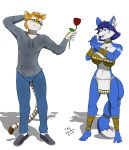  2018 anthro blue_fur blue_hair breasts canine clothed clothing duo eyewear feline female flower fox fur glasses hair krystal loincloth male mammal midriff navel nintendo open_mouth plant rose sailoranna star_fox tribal video_games yellow_fur 