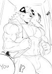  2018 abs absurd_res anthro biceps black_nose booboo34 canine clothing digital_media_(artwork) fur hair hi_res horn male mammal monochrome muscular muscular_male open_hoodie pecs sketch underwear 