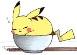 bowl closed_eyes commentary english_commentary facing_viewer from_side gen_1_pokemon in_bowl in_container latenight no_humans pikachu pokemon pokemon_(creature) simple_background sleeping white_background zzz 