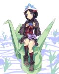  absurdres black_hair black_legwear commentary_request flower hair_flower hair_ornament highres japanese_clothes looking_at_viewer low_ponytail normaland origami princess_principal purple_eyes sandals sash short_hair sitting sleeveless smile solo tabi toudou_chise 