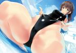  :p amamiya_natsumi black_swimsuit blue_eyes blue_sky breasts brown_hair commentary_request competition_swimsuit day dutch_angle eyebrows_visible_through_hair fisheye foreshortening from_below highleg highleg_swimsuit jacket kekemotsu lifted_by_self medium_breasts medium_hair one-piece_swimsuit open_clothes open_jacket original outdoors partially_visible_vulva ponytail shiny_swimsuit sidelocks sitting sky solo swimsuit tongue tongue_out 