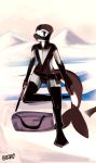  2017 anthro bag biped black_clothing black_eyes brown_skin brown_tail cetacean clothed clothing detailed_background digital_media_(artwork) digital_painting_(artwork) dirtyscoundrel dufflebag flippers front_view gun holding_object holding_weapon male mammal marine multicolored_skin ranged_weapon rubber scenery signature solo tailfin two_tone_skin weapon whale white_skin 