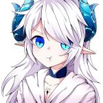  1girl :t blue_eyes blue_horns chinese_commentary collarbone commentary_request demon_girl diabla_(elsword) elsword gradient_horns hair_over_one_eye horns long_hair looking_at_viewer luciela_r._sourcream pohao pointy_ears pout simple_background solo white_background white_hair white_robe 