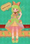  argyle argyle_background bangs blunt_bangs bow caterpie center_frills character_name check_commentary commentary_request dated dress english frilled_shoes full_body gen_1_pokemon green_dress green_footwear green_hair hair_bow hair_ornament highres looking_at_viewer mameeekueya moemon open_mouth orange_eyes pastel_colors personification pokemon pokemon_(creature) pokemon_number puffy_short_sleeves puffy_sleeves shoes short_hair short_sleeves smile speech_bubble standing striped striped_background 
