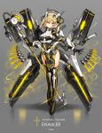  blonde_hair bodysuit breastplate breasts closed_mouth commentary_request cyborg eyebrows_visible_through_hair full_body gia glowing glowing_weapon grey_background headgear highres looking_at_viewer mecha_musume mechanical_arms medium_breasts original pelvic_curtain science_fiction short_hair solo standing thighhighs weapon yellow_eyes 