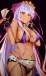  aura bb_(fate)_(all) bb_(swimsuit_mooncancer)_(fate) belt bikini breasts commentary_request covered_nipples earrings evil_grin evil_smile fate/grand_order fate_(series) fingerless_gloves garter_straps gloves glowing glowing_eyes gold_trim grin gyaru hair_ribbon holding_money jewelry large_breasts long_hair nail_polish nanasumin naughty_face navel open_fly purple_bikini purple_hair red_eyes ribbon short_shorts shorts smile solo star star_earrings swimsuit tan very_long_hair 